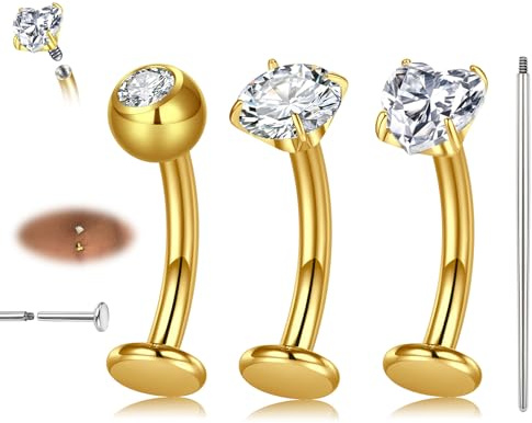 AVYRING 3 piercing per ombelico, 14 g, 10 mm, filettatura interna, con strumento di inserimento, anelli per ombelico in acciaio inox, per donna, con cuore e cerchio CZ/diamante, argento e oro, 14G