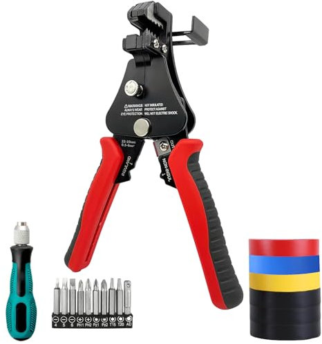 AOUZEA Pelacables Automático Profesional, 3-en-1 Pelacables/Cortador/Engarce Pelacables Electricista Metálico Multifunción Ajustable, Pelado de Cables Incluye Destornillador y 6 Cintas Aislantes