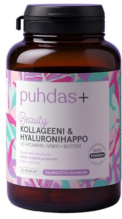 puhdas+ Collagen & Hyaluronsäure Kapseln | Marine Kollagen Peptide mit Hyaluron, Biotin, Vitamin C & Zink | Für Haut, Haare & Nägel | 120 Kapseln | Hergestellt in Finnland