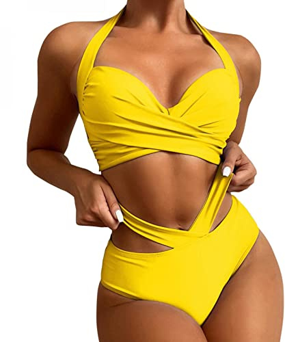 Maillot De Bain Femme 2 Pieces Push Up Rembourré Ensemble De Bikini Sexy Taille Haute Maillots Deux Pièces Gainant Ventre Plat Amincissant Sortie de Plage Bronzant, Jaune, XL