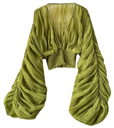 Generisk dam vår enfärgad plissé bubble ärmar slim fit kort mångsidig chiffongblus Dirndl överdimensionerad