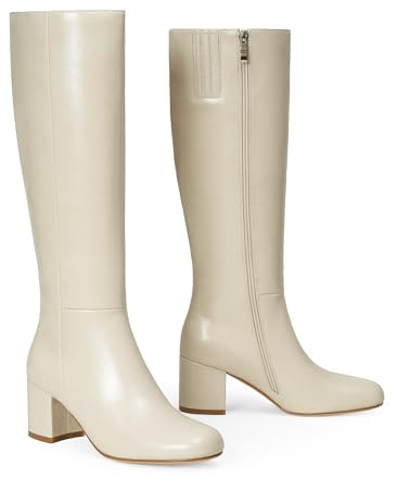 iiimmu Knee High Boots for Women Round Toe Chunky Heel 2.5 IN Tall Boots Side Zip Faux Leather, Nude, Size 7.5