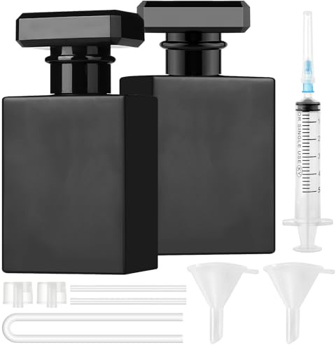 Maxumille 2 Pz Atomizzatore Profumo 50ml, Boccetta Profumo in Vetro Nero Ricaricabile, Boccette Profumi Vuoti da Viaggio con Funnel, Imbuto, Siringa, Flacone Spray per Oli Essenziali Alcolici