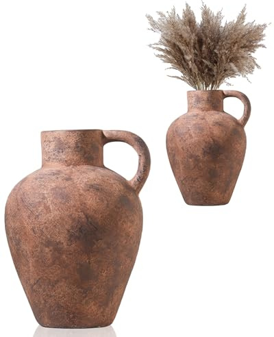 UPWOIGH 12in Tall Vintage Single Handle Terracotta Vase, Rustic Brown Ceramic Pottery Jug with Distressed Black Markings, Mediterranean Farmhouse Table or Mantel Decor, Antique Gift 1Pack