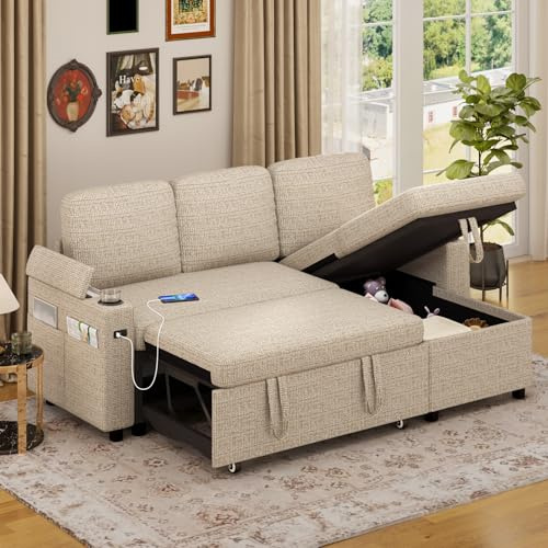 Luxstein Corner Sofa Bed, L-Shaped Sleeper Sectional Couch Bed, 3-in-1 Linen Convertible Pull Out Sofa Bed with Adjustable Backrest, Storage, USB and Cup Holder for Living Room, Beige