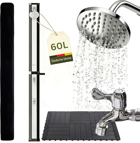 novaterra® Doccia solare nero/argento con serbatoio da 60 l, doccia da giardino con elemento a pavimento, soffione a pioggia, doccia a piedi, copertura protettiva e vassoio – Sistema doccia per