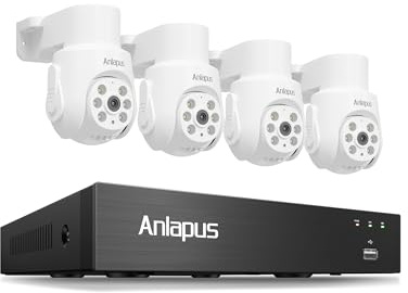 Anlapus Juego de cámaras de vigilancia para Exteriores, DVR de 8 Canales sin HDD, 4 cámaras Domo PTZ de 360° con Cable, reconocimiento de Personas y vehículos, grabación de Audio