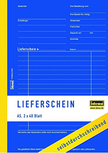 Idena 314254 - Lieferscheinbuch, selbstdurchschreibend, 1. Blatt weiß, 2. Blatt gelb, perforiert, gelocht, holzfreies Papier, DIN A5, 2 x 40 Blatt, 1 Stück