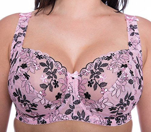 Gemm Ladies Pink & Black Embroidered Large Bosom Lace Underwired Firm Bra Plus Size Cup (36 J)