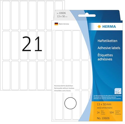 HERMA 10606 Vielzweck-Etiketten ablösbar, 504 Stück, 13 x 50 mm, 21 pro Bogen, selbstklebend, Haushaltsetiketten zum Beschriften, matt, blanko Papier Klebeetiketten Aufkleber, weiß