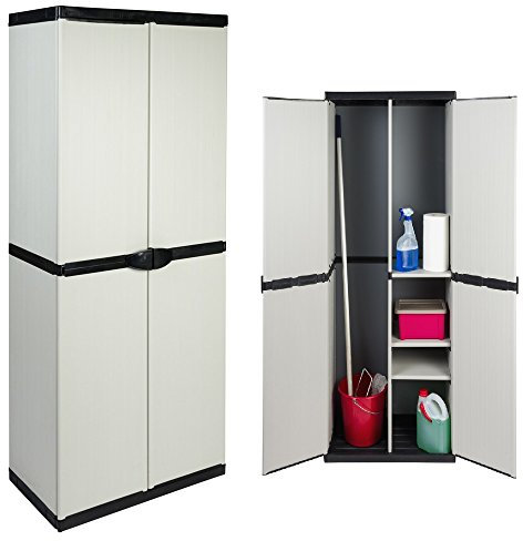 Kreher Hoher Spind Kunststoffschrank mit spritzwassergeschützter Deckel- & Bodenplatte sowie 3 Einlegeböden (2 Davon verstellbar) - extra stabil, Leichter Aufbau, optimal für Haushalt oder Garten