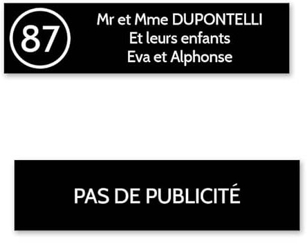 DECOHO Plaque nom avec numéro + Plaque Stop Pub pour Boite aux Lettres Format Decayeux (100x25mm) Noire Lettres Blanches - 3 Lignes - 2,5