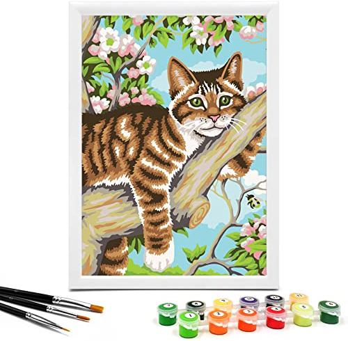 Nariolar Paint by Numbers for Kids Ages 8-12 with 7X9.5 inch Pre-Printed Cardboard,12 Acrylic Paint Pots and 3 Painting Brushes, Room Decor for Children,(Cat in The Tree)