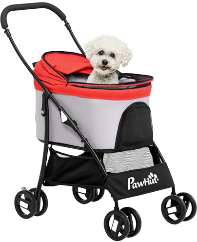 PawHut Carrito para Perros Plegable 3 en 1 Cochecito para Mascotas Carrito para Perros Pequeños con Vagón Desmontable Cesta de Almacenaje Correas de Seguridad y Cojín Carga 15 kg Rojo