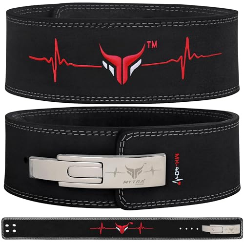 Mytra Fusion Gym Bälte med Spak Spänne Tyngdlyftsbälte för män och kvinnor 100% äkta läder Styrkelyftbälte för gym, träning, tyngdlyftning, Bodybuilding Fitness och träning (Black, L)