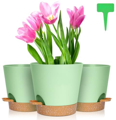 OFFCUP Vasi per Piante Autoirriganti, 6pcs Vasi da Fiori in Plastica, 16.5cm Vasi Decorativi Interno Moderni con Sottovasi per Casa e Ufficio, Vasi da Fiori per Piante, Erbe, Die Rose, Geraniums Verde