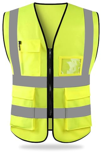 HYCOPROT Chaleco de Seguridad Reflectante Alta Visibilidad Ropa de Trabajo Gerente Ejecutivo Chaqueta de Chaleco Cremallera Brace Seguridad Teléfono Móvil Titular de Id de Bolsillo（Amarillo,L）