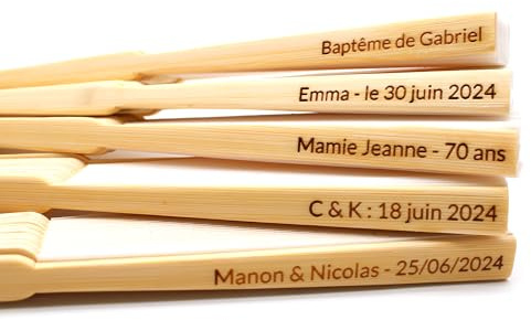 OLILLY - 50 Abanicos con Grabado Personalizado para un Evento Único - Abanicos de Bambú y Tela Blanca