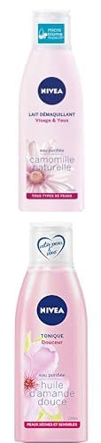 NIVEA - Routine Soin Visage - Lait Démaquillant & Lotion Tonique - Nettoie, Démaquille, Apaise - Peau Souple, Douce Et Fraîche - Amande Douce Et Camomille - Peaux Sèches Et Sensibles - 2 x 200 ml