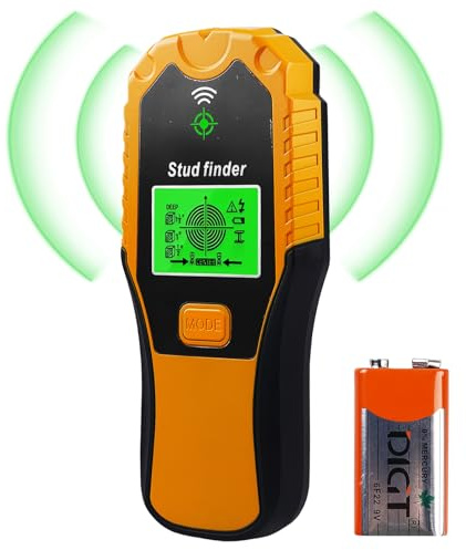 Leitungssucher, 5 in 1 Multifunktionaler Leitungssuchgerät, Stud Finder mit LCD und Akustischem Alarm, Leitungssucher Ortungsgerät für Holz, Metall, Stromleitung und AC Spannungs Führenden (Gelb)