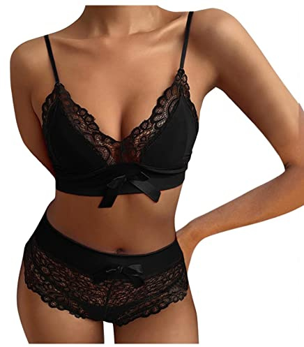 ROSVAJFY Set Lingerie da Donna in Pizzo 2 Pezzi Completo Intimo Sexy Reggiseno con Spalline + Mutande a Vita Alta Fiocco Babydoll Biancheria Intima Elastica Hot Curvy S-L (Nero, M)