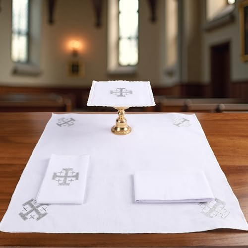 TALPGOD 4 Pack Altar Supplies Linen Corporal for Churches Set (Pall,Corporal,Purificator,Towel) White Linen Altar Cloth Silver Cross Embroidery,Mass Kit Catholic for Priest