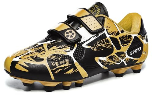 Woflebel Fußballschuhe Kinder Sportschuhe Jungen Mädchen Athletics Trainingsschuhe Football Professionelle Low Top Spikes AG FG Kunstrasen Schwarz Gold 35EU