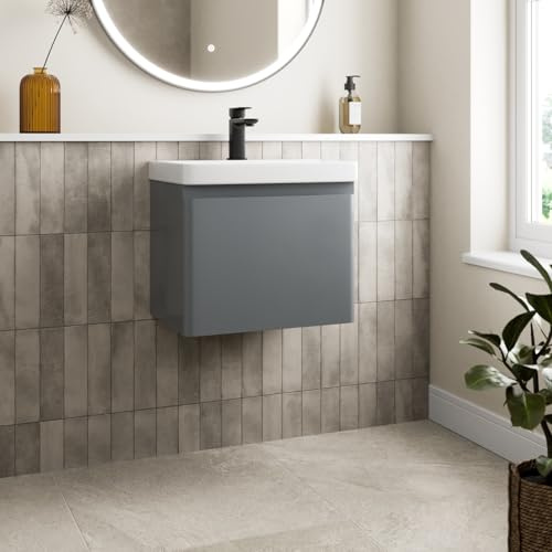 Affine® 500mm Vanity Unit Wash Basin Sink Bathroom Wall Mounted Storage Cabinet Cupboard Cloakroom, Soft Close Drawer, Grey Gloss