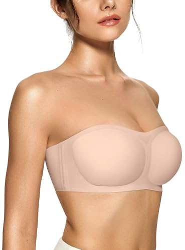 OEAK Womens Strapless Bras Jelly Push Up Bandeau Bra Non Slip Wireless Supportive Padded Bras Seamless Comfortable Tube Bra Nude Small S03