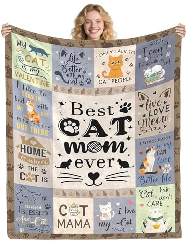 Dazzroi Cat Mom Blanket Gifts for Women, Soft Cozy Cute Flannel Blanket, Cat Lovers Throw Blankets All Season Ideal Cats Themed Gifts for Cats Owners 150 x 130CM