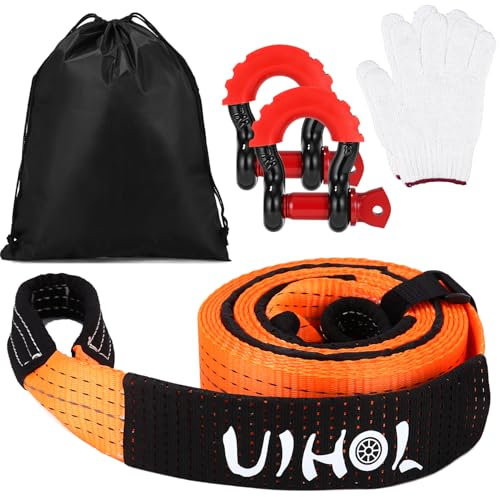UIHOL Cuerda de remolque para coche, 12 T, con grillete de alta resistencia, resistencia a la rotura de 26,455 LBS, 5 m x 5 cm, cuerda de remolque de emergencia con bolsa de almacenamiento, mejorada
