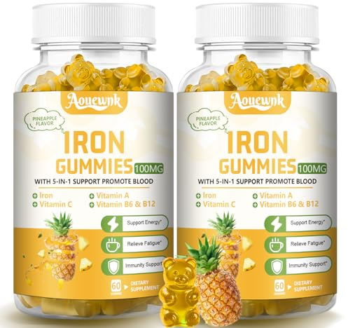 Aouewnk 2 Packs 100MG Iron Supplements Gummies for Women & Men - Contains Vitamin C, A, B - Suitable Adults & Kids, Iron Deficiency, Immune & Energy Support, Pineapple Flavor, Non-GMO, 120 Counts