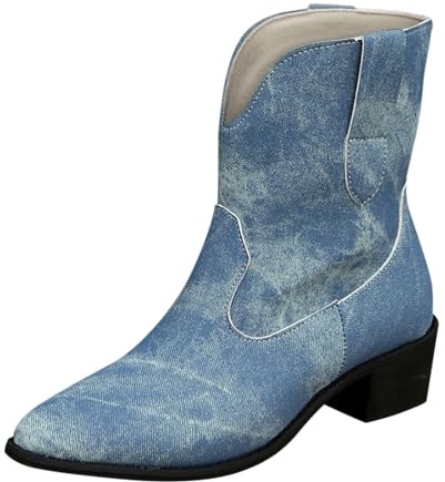 FGUUTYM Stivali da donna a mezza altezza con tacco a blocco, in pelle scamosciata, alla caviglia, bassi, in pelle, per equitazione, per le mezze stagioni, Blu, 35 cm EU