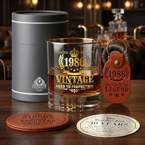 CROWNLY CRYSTAL Bicchiere Whisky 1986 Regalo Uomo 40 Anni Compleanno Idee Regalo Originali Marito Fratello Calice Vintage Degustazione Rum Amaro Gadget Festa 40esimo Anniversario Decorazioni Natale