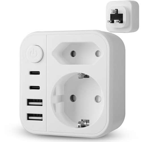 Adattatore Presa Inglese,GeeRic 6 in 1 Adattatore da Italia a UK Plug con 2 USB-A/Type-C Interruttore Sicuro Adattatore da Viaggio Tipo G per Regno Unito, Irlanda, Hong Kong, Singapore 3400W/250V-13A