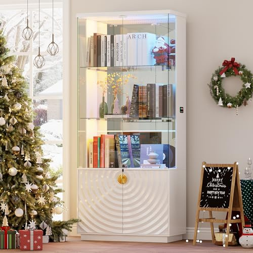 Gurexl RGB Glass Display Cabinets with 2 Cupboards,70.9” Storage Bar Cabinet with Lights and Human Sensor,Standing display case with Lockable Glass Door for Curio,Wine,Models, Living Room,White