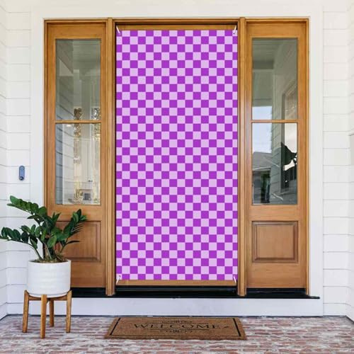 Cubiertas de puerta decorativas de 6 x 3 pies – Impresión a cuadros púrpura lila primavera verano banner para puerta delantera, cartel de otoño e invierno, telón de fondo colgante para exteriores
