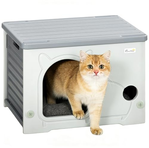 PawHut Cat House, Enclosed Pet Shelter, Stackable Cat Bed Condo with Removable Washable Cushion, for Indoor Outdoor, Grey