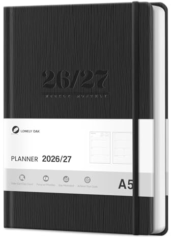 Lonely Oak A5 Academic Diary 2026-2027 Week to View, Daily Weekly Planner | 13 Months Faux Leather School Year Monthly Calendar Diary from Jul.2026 to Jul.2027 5.75 x 8.4(Black)