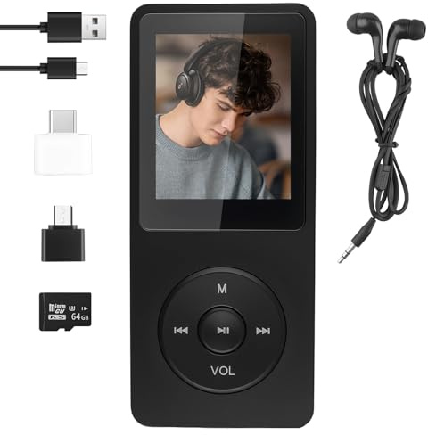 Lettore MP3 Bluetooth 5.3, 64 GB Lettore musicale con radio FM Registratore vocale, E-Book, HiFi senza perdita MP3 WMA Ape FLAC WAV Scheda TF fino a 128 GB Cuffie con cavo e adattatore OTG