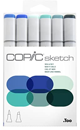 Copic Sketch Alcohol Markers, 6 Color Dual Tip Art Marker Set – Blendable Brush Tips for Drawing, Sketching, and Illustration – Professional Set for Adults/Teen Artists & Creators - Sea & Sky