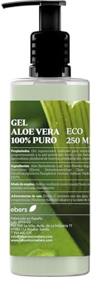 Ebers Aloe Vera Gel 100% Puro 250 Ml con dosificador - Excelente hidratante Rostro y Cuerpo, Aftersun, Depilación y Quemaduras.