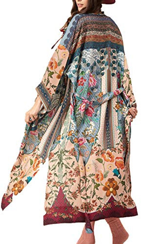 L-Peach Damen Blumendruck Kimono Langes Kleid Strandkleid Pareo Cover ups One Size