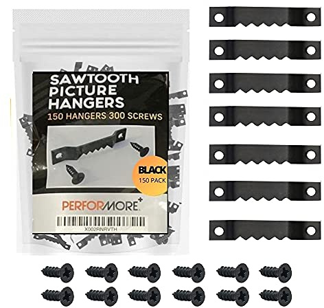 PERFORMORE Sawtooth Picture Hangers, 150 Pack Picture Frame Hanging Hardware, Double Hole Photo Frame Hangers with 300 Screws, for Wall Clock Paintings Decor Artwork Picture Frame Hook Photos (Black)