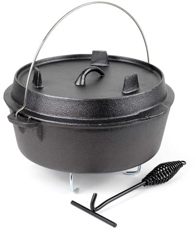 Dutch Oven 8l mit Untersetzer und Deckelheber, Kochtopf aus Gusseisen für Lagerfeuer und Camping