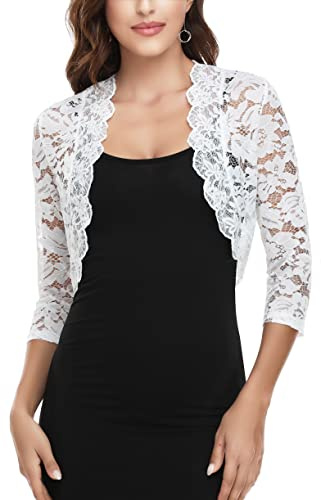 MISS MOLY Bolero Shrugs Sheer Floral Lace Cardigan 3/4 Sleeve Cropped Shrug Top for Dress White L