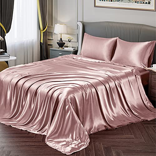 Vonty Satinlakan i storlek twin XL, silkeslena, mjuka, satinlakan, roséguld lakanset, 1 påslakan med djup ficka + 1 vanligt lakan +1 örngott