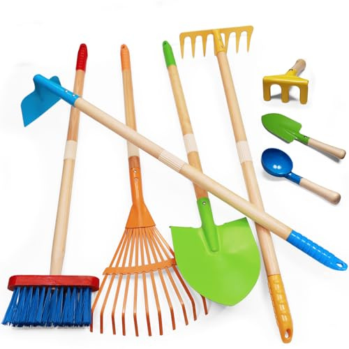 POMIKU Toddler Gardening Tools, Kids Rake and Shovel Set for Digging Dirt, Children Broom for Outdoor Yard Garden Camping, Montessori Toys for Ages 3 4 5 6 7 8 Years Old (8PCS)