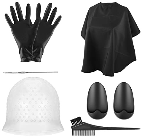 FRIUSATE Hair Coloring Highlighting Cap, 8 Pieces Hair Highlighting Kit, Silicone Highlight Cap Pull Through Caps Hair Coloring Frosting Cap with Hook, Cape, Brush, Gloves and Ear Covers for Women Men