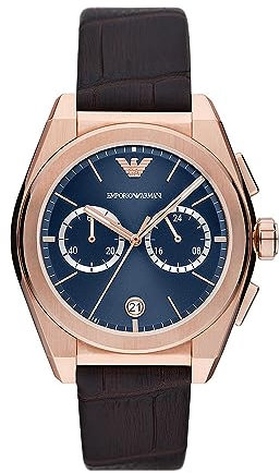 Emporio Armani Orologio da uomo, movimento cronografo, orologio in acciaio inossidabile con cassa da 43 mm, Oro Rosa (Rose Gold), Oro Rosa e Blu, 43 mm